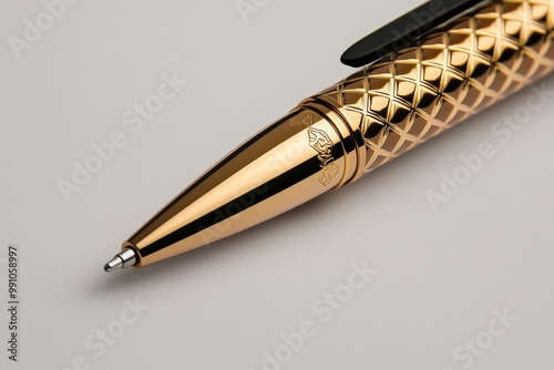 Luxurious Gold Pen Close-Up on Light Grey Surface - Elegant Metallic Writing Instrument for Premium Stationery Concept