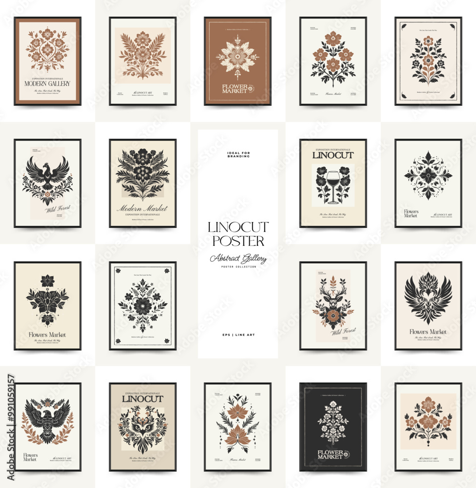 Abstract linocut floral posters template. Modern trendy minimal style. Black and white colors. Magic, mystical. Hand drawn design for wallpaper, wall decor, print, postcard, cover, template, banner.