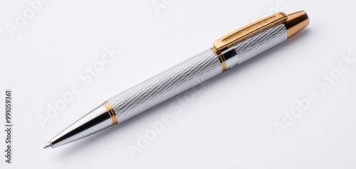 Luxurious Silver and Gold Pen on White Surface - Elegant Metallic Writing Instrument for Branding and Promotion