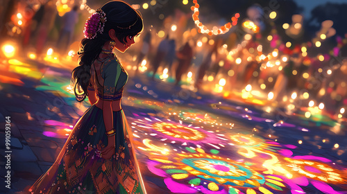 Indian anime girl in a beautiful anarkali dress, admiring the colours of a bustling festival photo