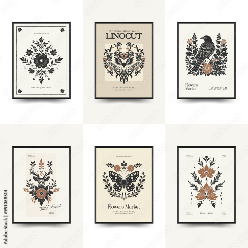 Abstract linocut floral posters template. Modern trendy minimal style. Black and white colors. Magic, mystical. Hand drawn design for wallpaper, wall decor, print, postcard, cover, template, banner. Abstract linocut floral posters template. Modern trendy minimal style. Black and white colors. Magic, mystical. Hand drawn design for wallpaper, wall decor, print, postcard, cover, template, banner.