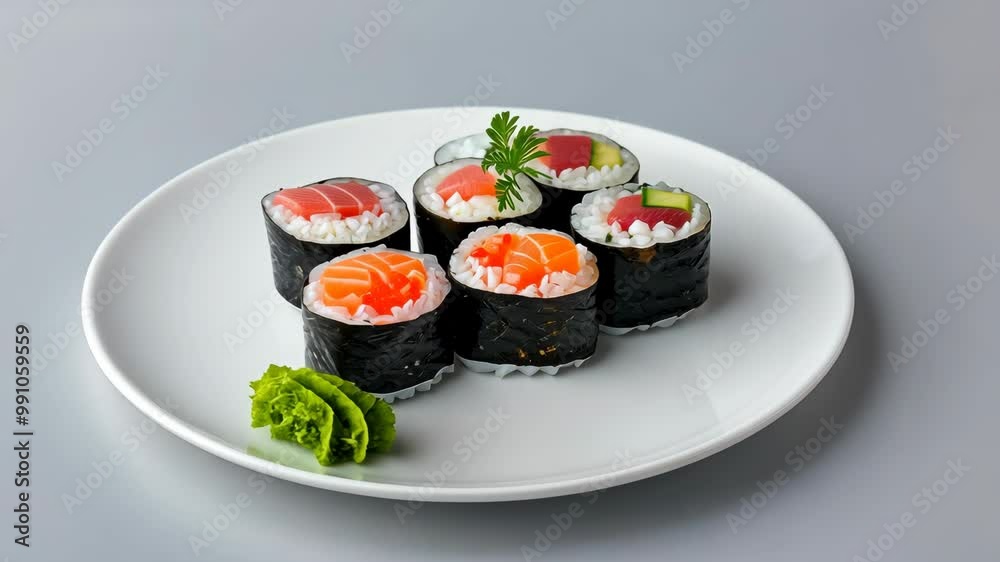 Fresh Sushi Roll Platter with Various Fillings on White Plate with Wasabi Garnish Fresh Sushi Roll Platter with Various Fillings on White Plate with Wasabi Garnish
