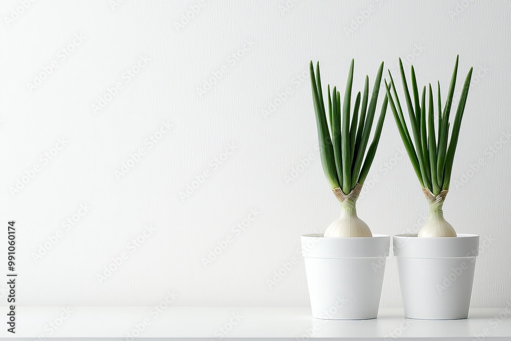 Minimalist Greenery Symmetry Serene Onion Shoots on White Shelf, Contemporary Botanical Decor, Clean White Wall Background, Modern Minimalism Concept Minimalist Greenery Symmetry Serene Onion Shoots on White Shelf, Contemporary Botanical Decor, Clean White Wall Background, Modern Minimalism Concept