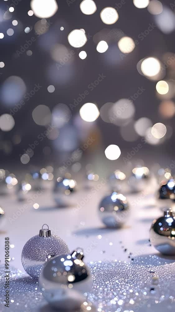 Elegant silver Christmas ornaments on a sparkling background with bokeh light effects, Christmas backdrop