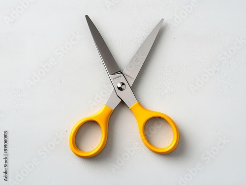 Precision Cut Vibrant Yellow Scissors on Clean White Surface - Top-Down Symmetry for Office Supplies Marketing and DIY Projects