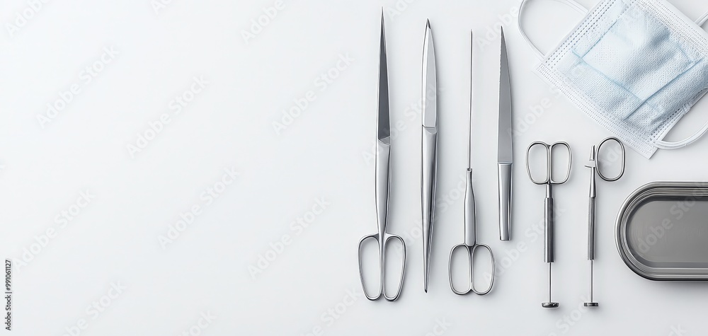 Precision Surgery Close-Up of Metallic Surgical Instruments on White Surface in Sterile Environment - Medical Equipment and Healthcare Concept