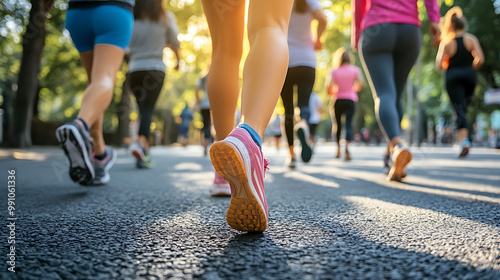 Group of friends participating in a charity walk or run event to support health initiatives on World Health Day