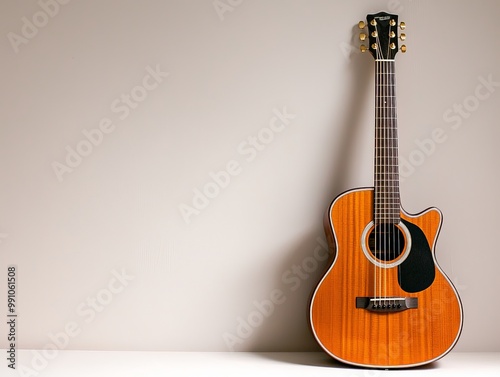 Serenade in Wood Closeup of Rustic Acoustic Guitar on Minimalist Background, Musician's Dream, Music Concept, Product Photography