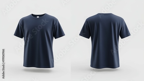 An editable mockup showing the front and back of a navy blue T-shirt