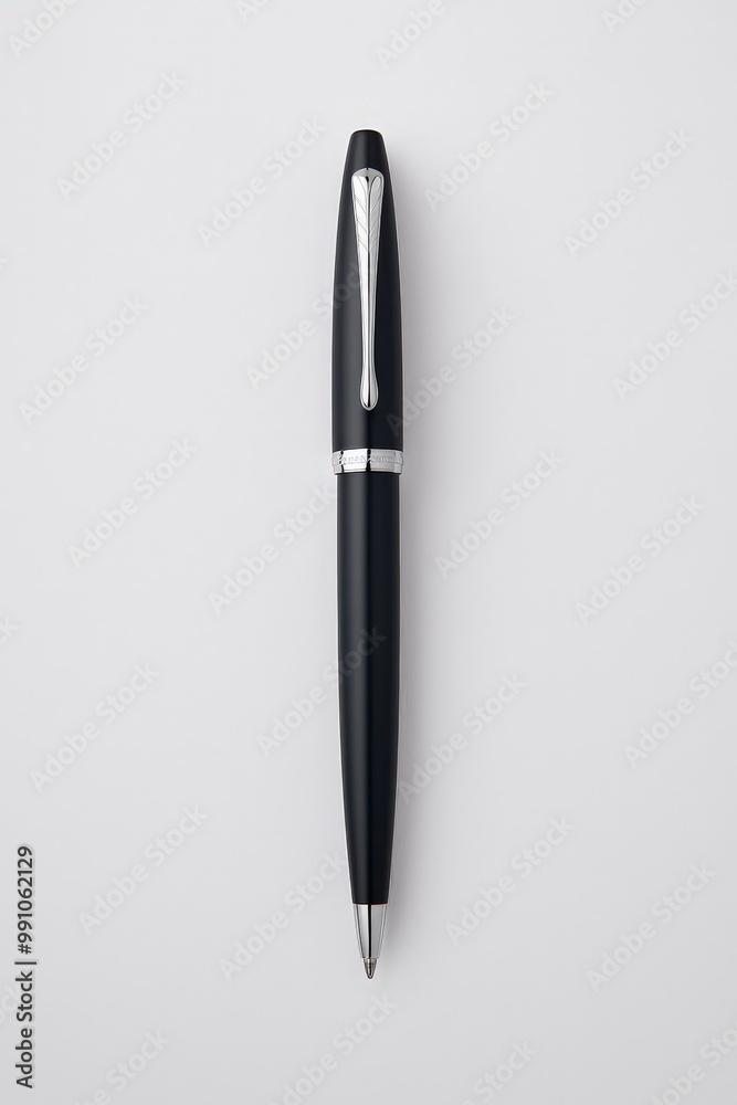 Sleek Black Ballpoint Pen with Chrome Feather Design on White Background - Elegant Office Stationery Concept with Reflective Finish for Business Cards, Catalogs, and Promotional Materials Sleek Black Ballpoint Pen with Chrome Feather Design on White Background - Elegant Office Stationery Concept with Reflective Finish for Business Cards, Catalogs, and Promotional Materials