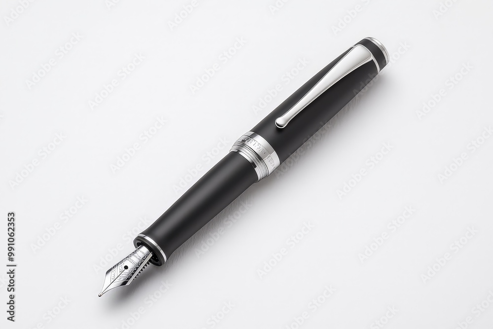 Sleek Black Fountain Pen on White Surface - Elegant Writing Instrument for Professionals and Creatives, Minimalist Design Concept