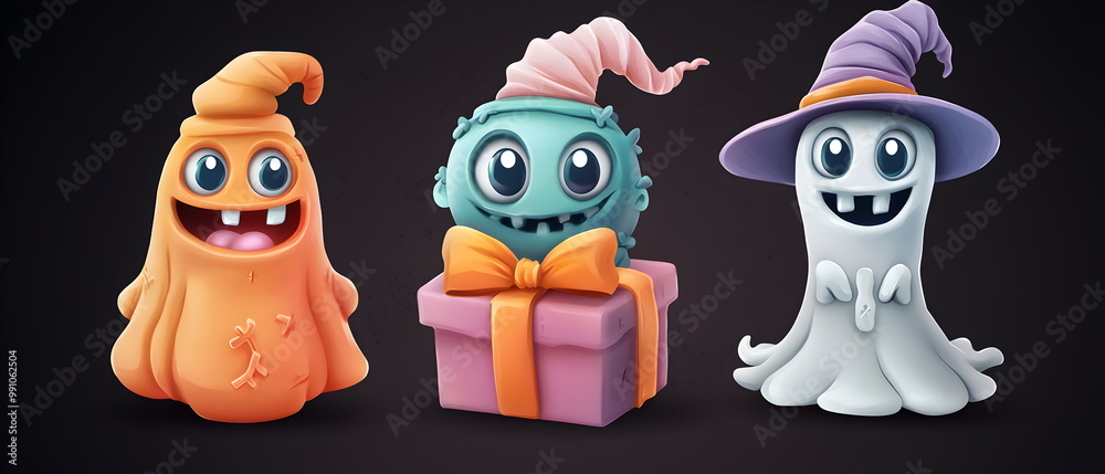 set of 3 Kawaii Halloween characters in 3d clay design, including a gift box in a Happy Halloween concept, cute adorable and festive, isolated on a dark background set of 3 Kawaii Halloween characters in 3d clay design, including a gift box in a Happy Halloween concept, cute adorable and festive, isolated on a dark background