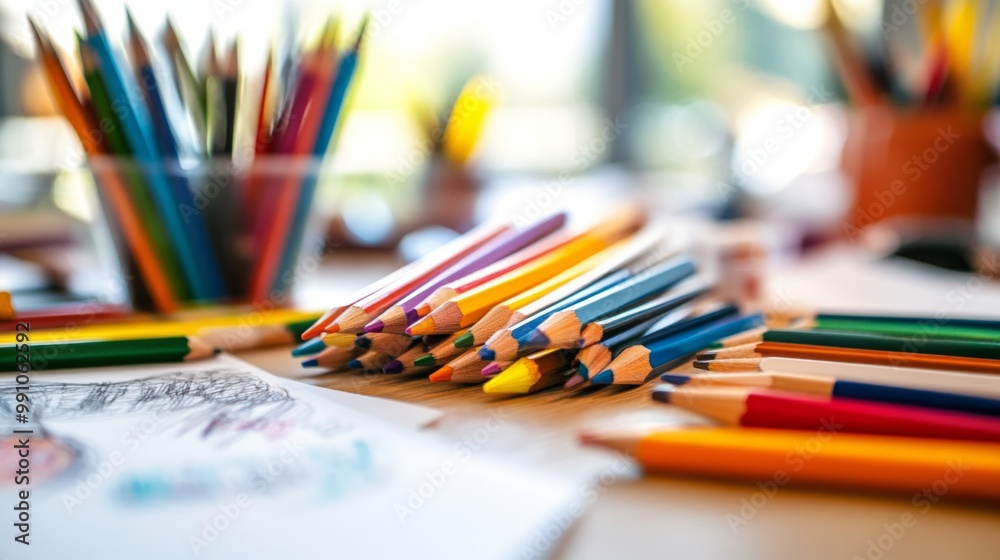 An artist's workspace filled with sketches and a variety of colored pencils, with natural light streaming in, showcasing the beauty of creative expression.