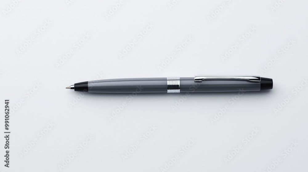 Sleek Gray Ballpoint Pen on Minimalist Off-White Desk - Office Essentials Concept Sleek Gray Ballpoint Pen on Minimalist Off-White Desk - Office Essentials Concept