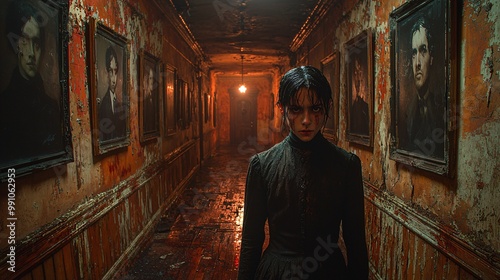 Horror Woman in Bloody Hallway with Portraits   Haunted House