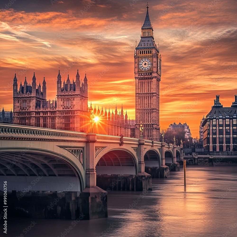 Naklejka premium Big Ben and Westminster bridge at sunrise in London. England