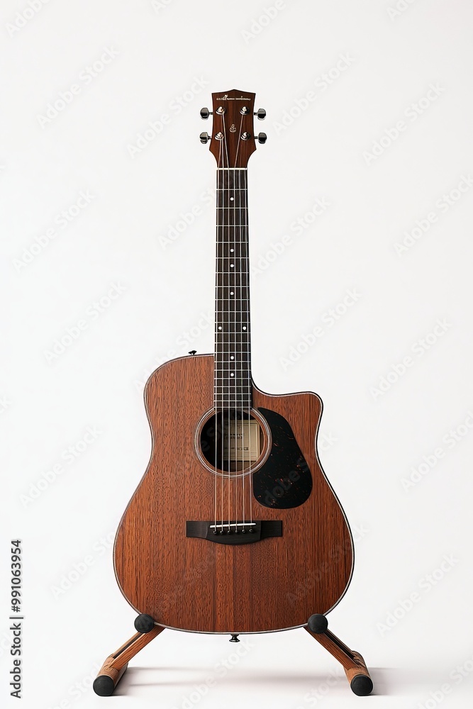 Fototapeta premium Symphonic Serenity Closeup of Elegant Cort Acoustic Guitar on Wooden Stand Against Minimalist White Background, showcasing Rich Wood Grain and Metal Details - Ideal for Music Publications and