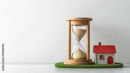 Timeless Charm Closeup of Wooden Hourglass and Miniature House on Green Grass, Tranquil Still Life with Textured White Wall Background Minimalist Conceptual Art for Home Decor