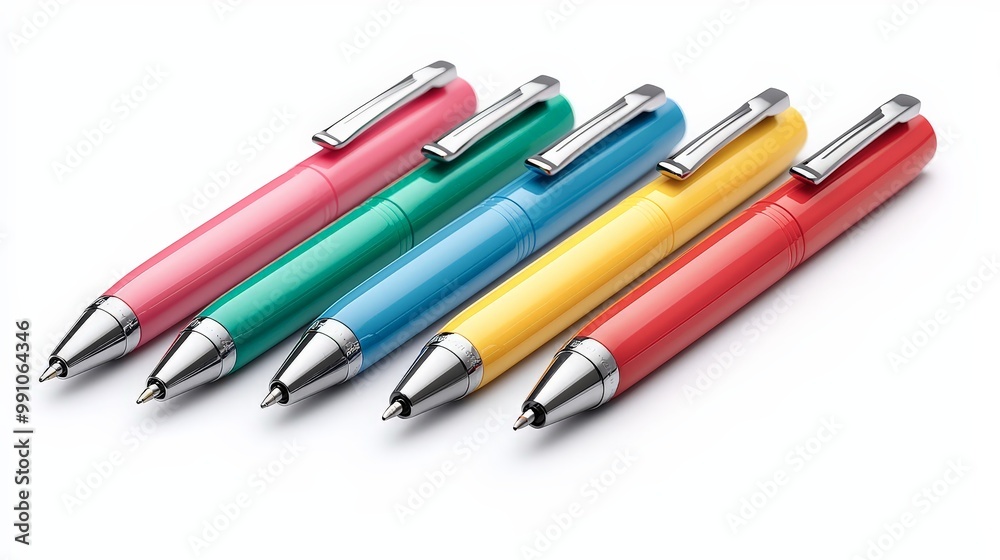 Vibrant Colorful Ballpoint Pens Row on White Background - Bold and Vivid Writing Tools Orderly Arranged for Creativity and Organization in Stationery and Education Concepts Vibrant Colorful Ballpoint Pens Row on White Background - Bold and Vivid Writing Tools Orderly Arranged for Creativity and Organization in Stationery and Education Concepts