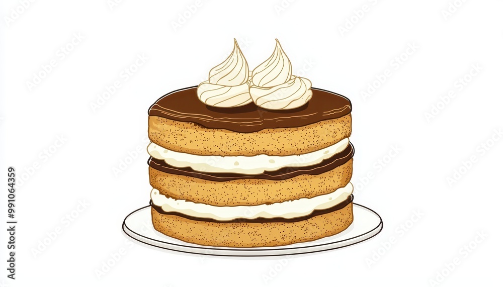 A delicious layered cake topped with swirls of cream, featuring a mix of light and dark colored layers, presented on a plate.