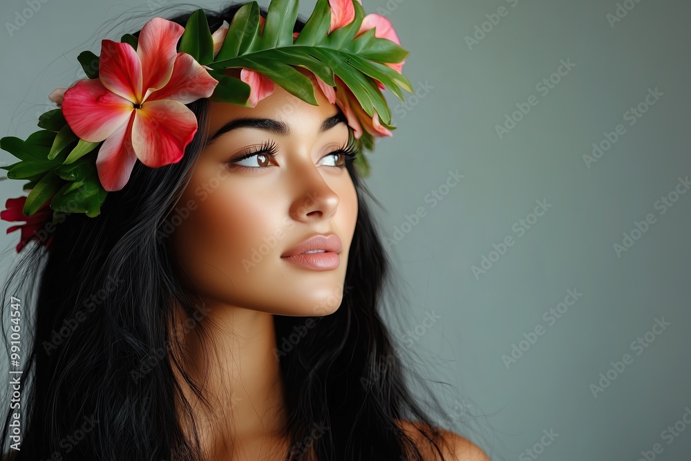 Stunning Portrait of a Native Hawaiian Woman with a Tropical Flower Crown Against a Dark Background. Stunning Portrait of a Native Hawaiian Woman with a Tropical Flower Crown Against a Dark Background.
