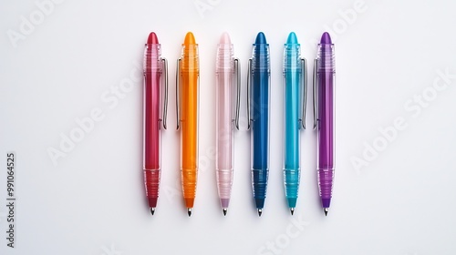 Vibrant Colorful Pens Arranged Symmetrically on White Desk - Modern Office Stationery Supplies Concept