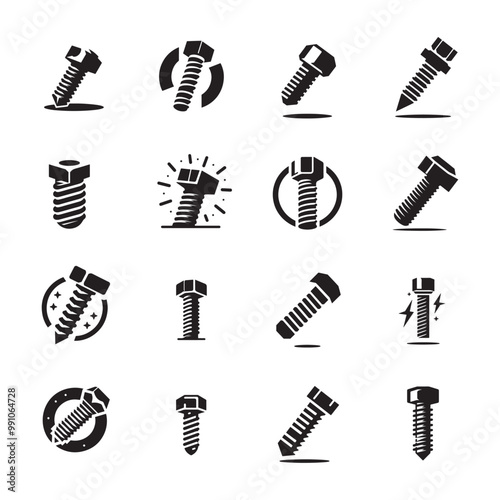Bolt and Nut Silhouette Vector Icons – Industrial Tool Collection