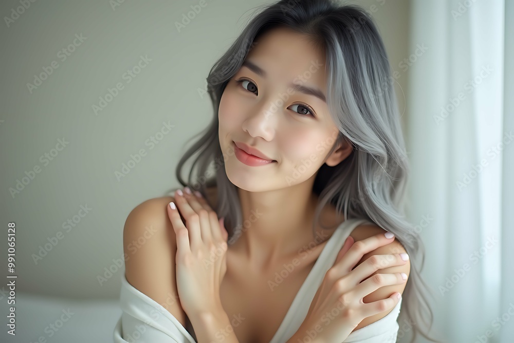 Young beauty korean woman long hair, taking care of her skin by touching her arms and shoulders at home Young beauty korean woman long hair, taking care of her skin by touching her arms and shoulders at home