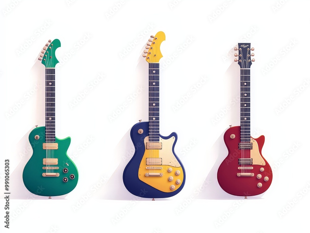Obraz premium Vibrant Trio of Electric Guitars in Symmetrical Arrangement against White Background