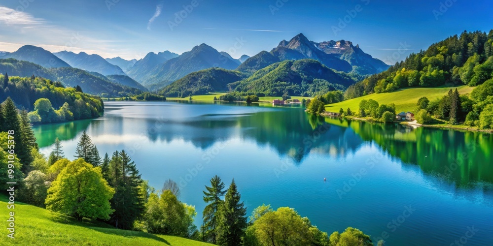 Fototapeta premium Idyllic view of Schwansee lake with lush green hills and clear blue sky in the summer , Alpine, Scenery, Nature, Landscape
