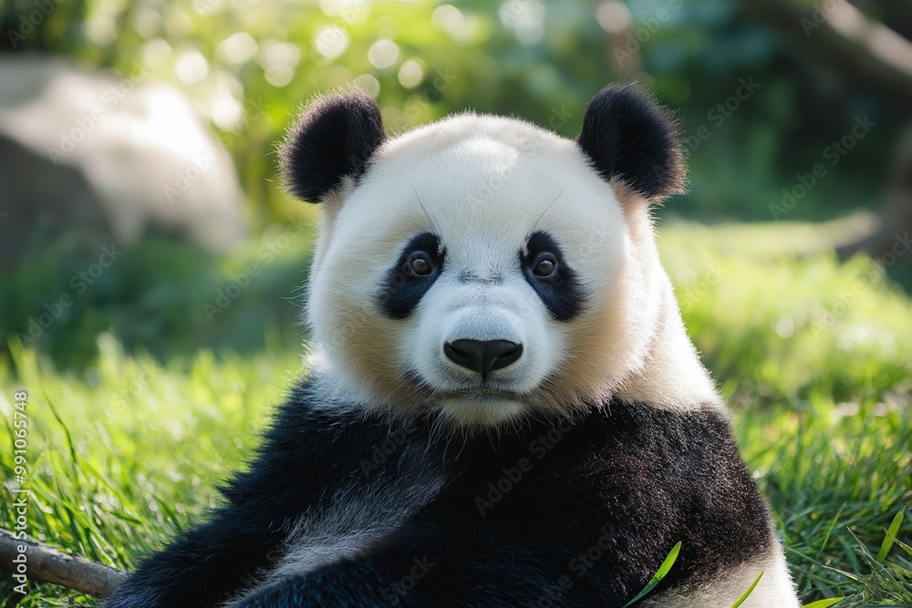 A giant panda with a curious expression on its face is seen sitting among lush green grass in a natural setting. A giant panda with a curious expression on its face is seen sitting among lush green grass in a natural setting.