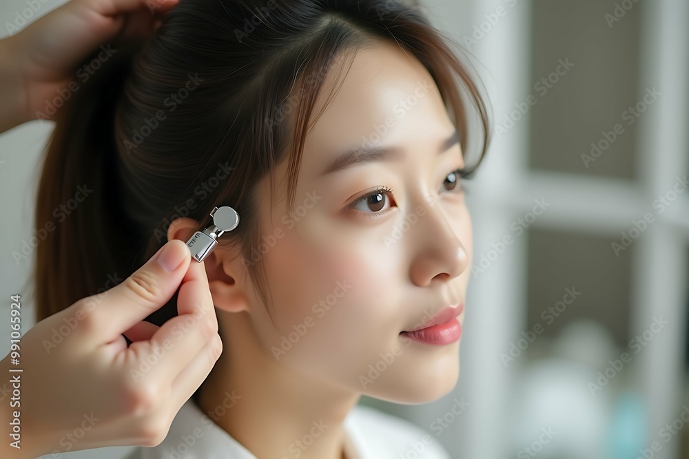 close-up photo of beautiful Korean woman doing hair treatment.