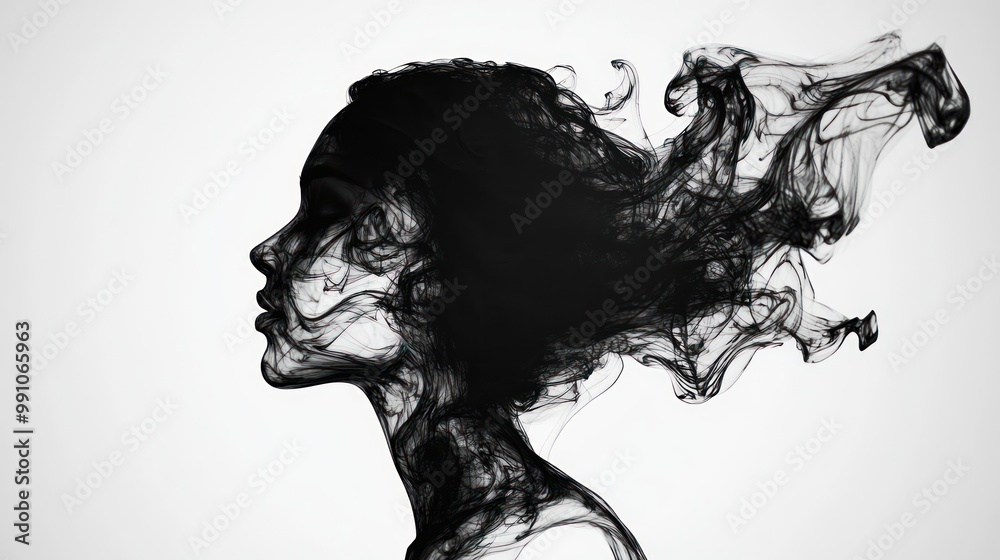 Fototapeta premium Abstract portrait of a woman with black ink flowing from her head.