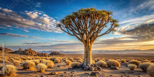Quiver tree standing tall in the arid desert landscape of South Africa, quiver tree, desert, landscape, South Africa, African tree
