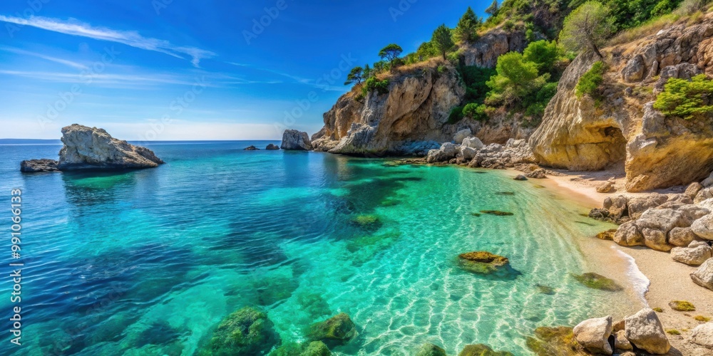 Rocky cliffside beach with clear blue waters , beach, cliffside, rocky, tranquil, serene, coastline, ocean, seascape Rocky cliffside beach with clear blue waters , beach, cliffside, rocky, tranquil, serene, coastline, ocean, seascape