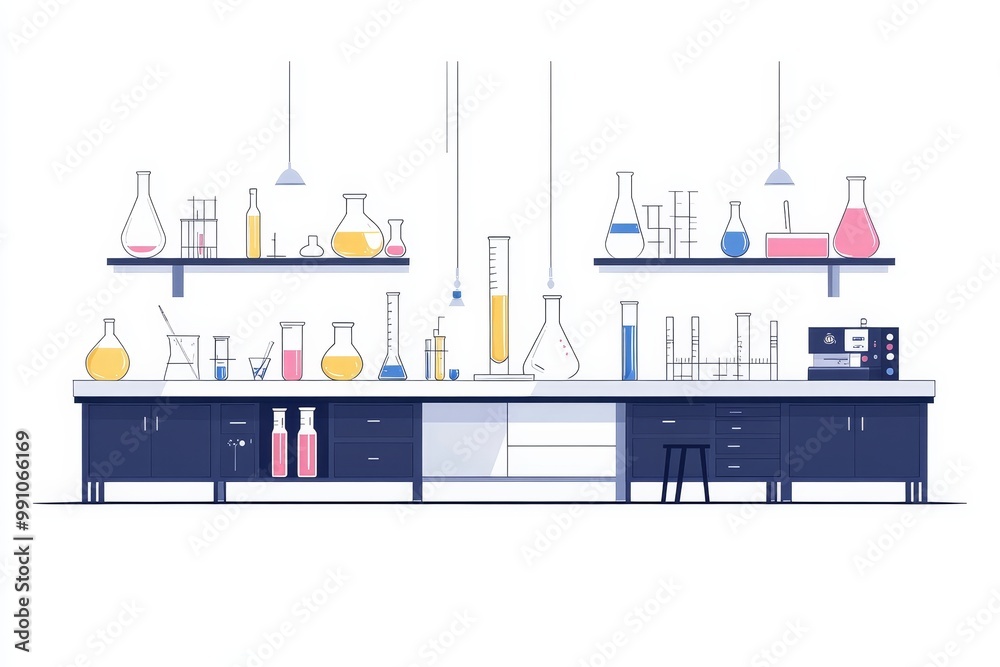 Obraz premium Modern Chemistry Laboratory: Flat Science Lab Illustration with Test Tubes and Beakers on White Background