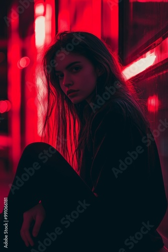 A woman sits in deep thought surrounded by red neon lights, creating a moody urban atmosphere. photo