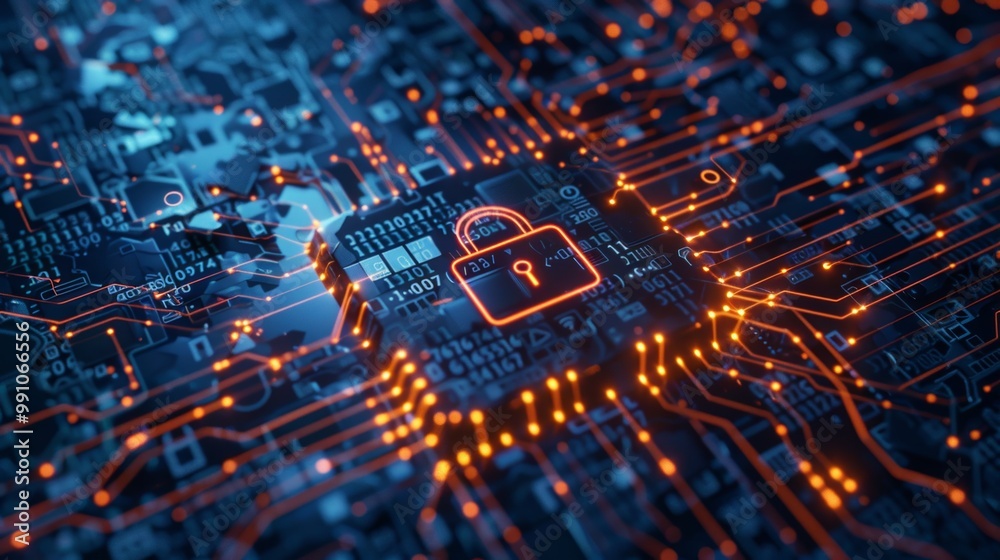Cyber Security Digital Technology Concept with Lock Icon on Circuit Board Cyber Security Digital Technology Concept with Lock Icon on Circuit Board