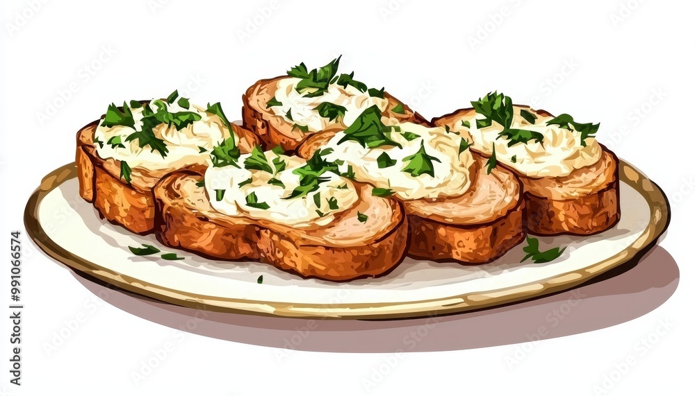 A plate of toasted bread topped with creamy spread and garnished with fresh parsley, ideal for appetizers or snacks. A plate of toasted bread topped with creamy spread and garnished with fresh parsley, ideal for appetizers or snacks.