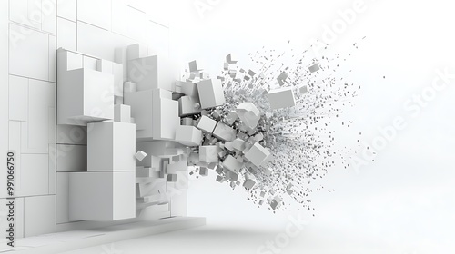 White cubes exploding from a wall creating a cloud of shattered pieces against a white background.