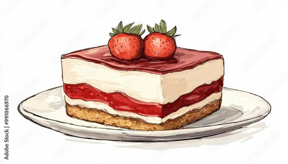 A delicious slice of layered dessert featuring creamy vanilla, strawberry filling, and topped with fresh strawberries on a white plate. A delicious slice of layered dessert featuring creamy vanilla, strawberry filling, and topped with fresh strawberries on a white plate.