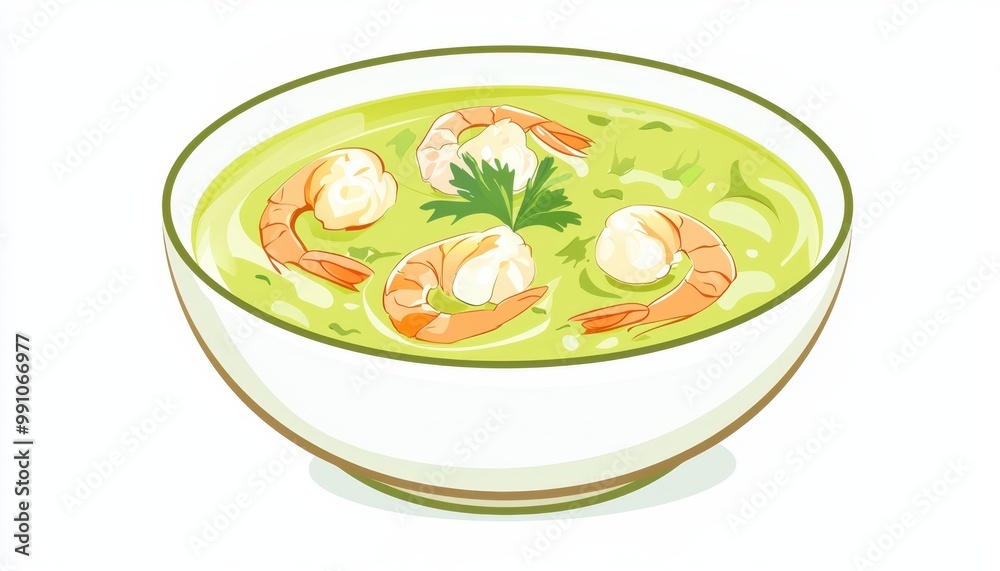A vibrant bowl of shrimp soup with a green broth, garnished with fresh herbs, showcasing a delicious and appetizing dish. A vibrant bowl of shrimp soup with a green broth, garnished with fresh herbs, showcasing a delicious and appetizing dish.