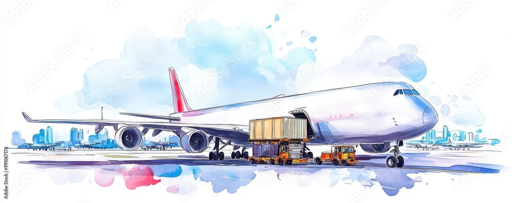 Massive freight plane, cargo being unloaded, airport logistics, Watercolor style