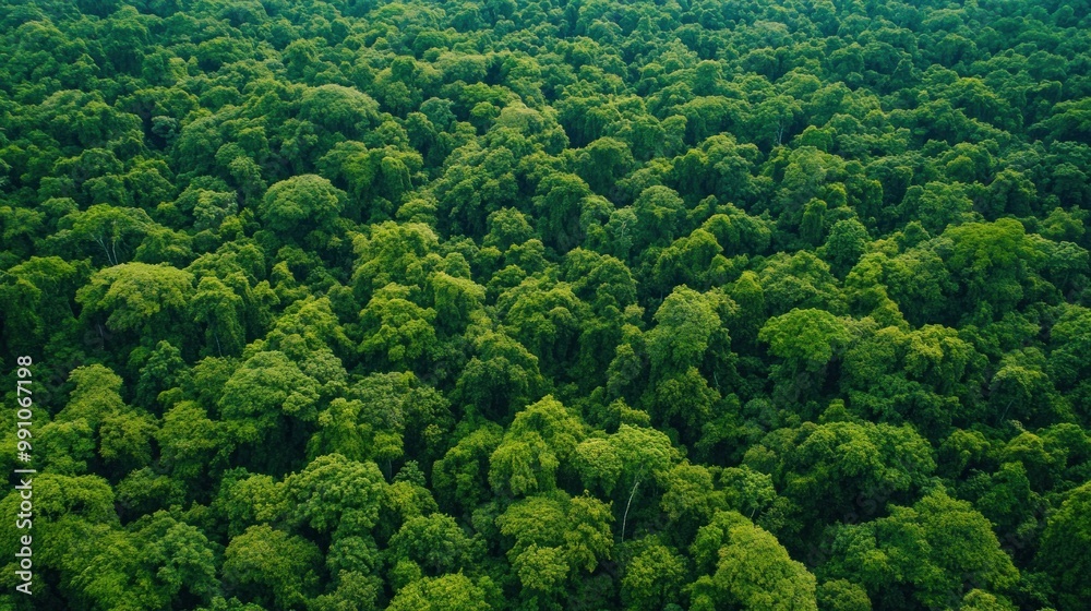Lush green canopy of trees in a dense forest viewed from above. Lush green canopy of trees in a dense forest viewed from above.