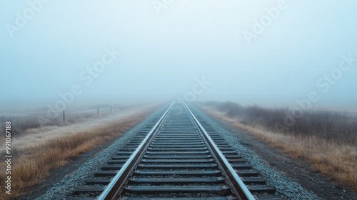 An empty stretch of railroad tracks leading into a foggy landscape, creating a sense of mystery and adventure in the journey ahead.