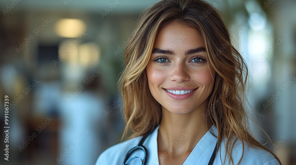 A smiling female doctor with a stethoscope poses inside a hospital office. A smiling female doctor with a stethoscope poses inside a hospital office.