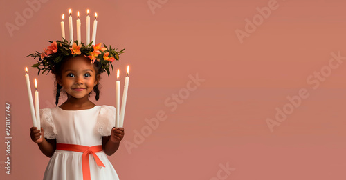 A little african girl dressed as Saint Lucia, with a green wreath on her head, in a white dress with a red belt and holding candles in her hands. Pink pastel background. Hyper-realistic photo. photo