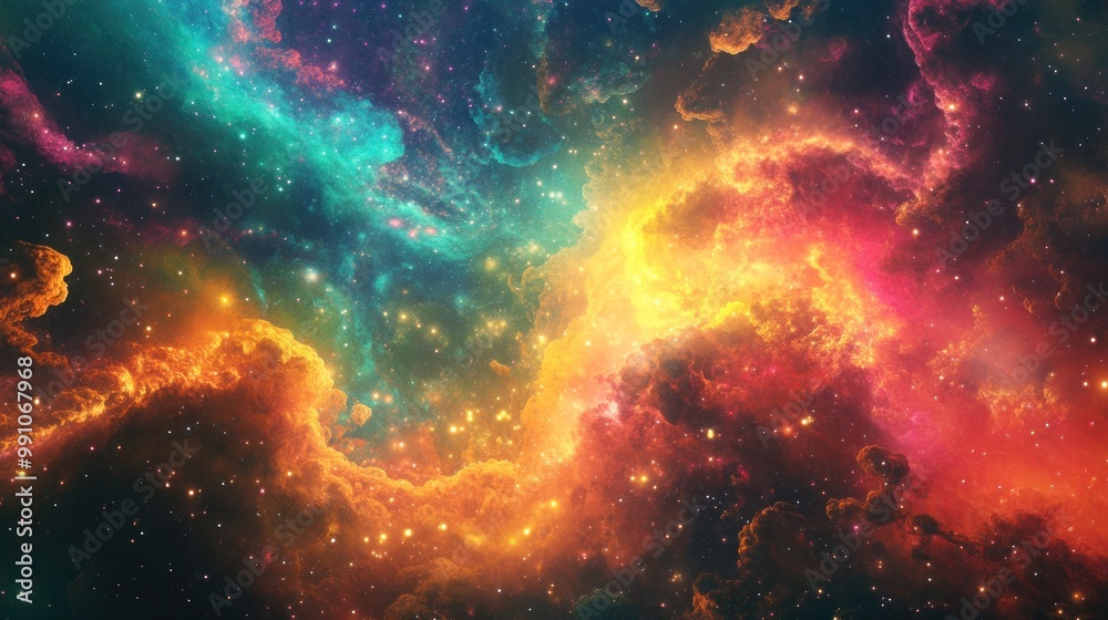 A vibrant nebula with red, yellow, and blue hues in a starry sky. A vibrant nebula with red, yellow, and blue hues in a starry sky.