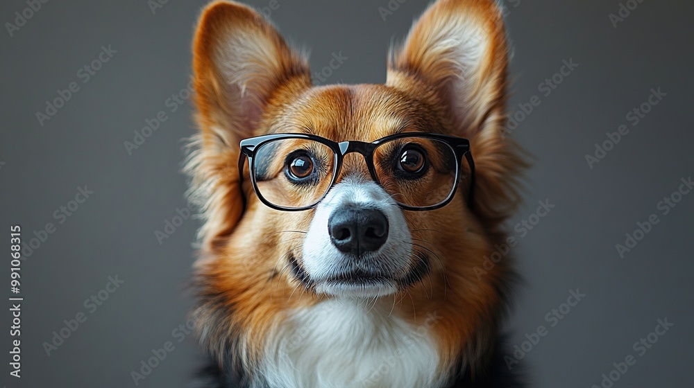 A stylish dog wears glasses, posing against a white background. A stylish dog wears glasses, posing against a white background.