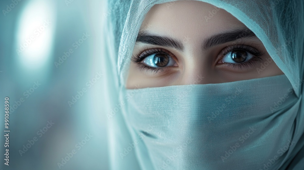 Close up of a woman's eyes with a hijab covering her face. Close up of a woman's eyes with a hijab covering her face.